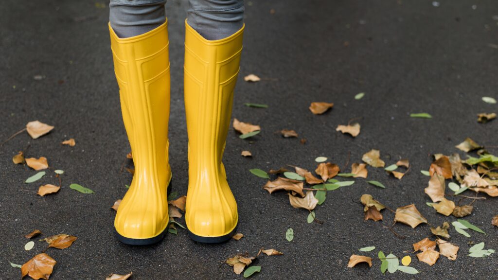 rain boots autumn leaves